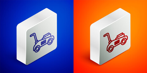 Isometric line Lawn mower icon isolated on blue and orange background. Lawn mower cutting grass. Silver square button. Vector Illustration.