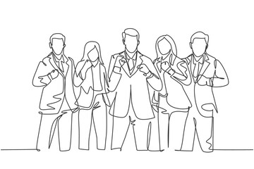 One single line drawing of group of business man and business woman line up to celebrate their success achieve the business target. Team work goal concept continuous line draw design illustration