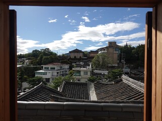 View from a window of the Bukchon Hanok Village in Seoul, South Korea