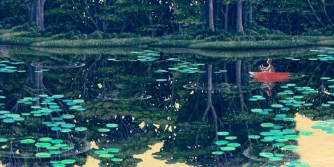Man alone on a boat with river and forest, imagination of surreal painting, nature landscape artwork