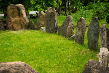 Megalithic stone circle located in Kriviy Rih city in Ukraine. Summer time. Juicy grass among the...