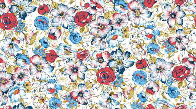 Seamless pattern with spring flowers and leaves. Hand drawn background. floral pattern for wallpaper or fabric.