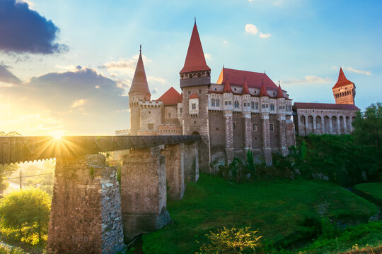 legendary corvins castle in hunedoara at sunrise. one of the largest in europe and is in a list of seven wonders of romania. most visited travel destination of transylvania