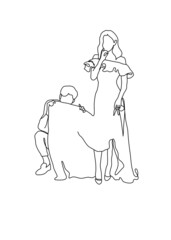 One continuous line drawing,  of newlyweds holding hands taking pre-wedding