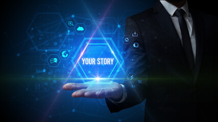 Man hand holding YOUR STORY inscription, social media concept