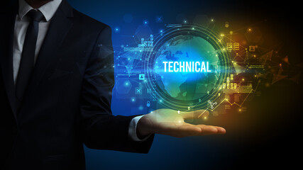 Elegant hand holding TECHNICAL inscription, digital technology concept