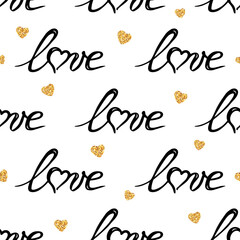 Hand drawn seamless pattern of lettering Love, glitter gold hearts isolated on white background. Romantic doodle sketch illustration for greeting card, invitation, wallpaper, wrapping paper, fabric