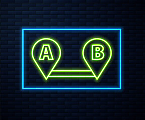 Glowing neon line Route location icon isolated on brick wall background. Map pointer sign. Concept of path or road. GPS navigator. Vector Illustration.