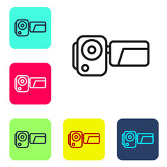 Black line Cinema camera icon isolated on white background. Video camera. Movie sign. Film projector. Set icons in color square buttons. Vector Illustration.