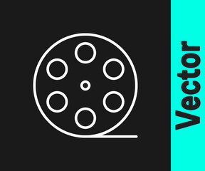 White line Film reel icon isolated on black background. Vector Illustration.