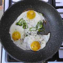 fried eggs in a frying pan