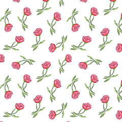 Seamless watercolor pattern with red flowers of peonies.Hand drawing on a white background. Branch of peonies Fabric design