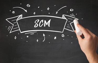 Hand drawing SCM abbreviation with white chalk on blackboard