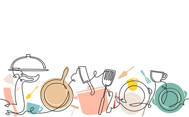 Horizontal Cooking Pattern. Background with Utensils. Continuous line drawing. Vector illustration. 