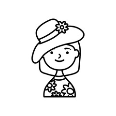 cartoon woman wearing summer hat, line style