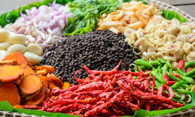Set of various spices and herbs. Pepper, turmelic, ginger, saffron, basil, rosemary, chilly, cardamom, cinnamon, anise. Top view with copy space.