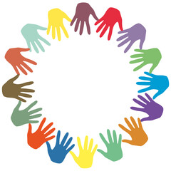 Colorful hands palms in circle shaped. Team, friendship, charity, volunteering, help, community support and social care concept