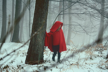 Red hooded woman alone in a cold forest