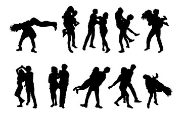 Set of dancing couples silhouettes isolated on white background. Men and women on swing, jazz, lindy hop, street dance or boogie woogie party. Young people dancing rocknroll. Stock vector illustration