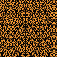 seamless pattern with bright orange and beige paisley and swirls