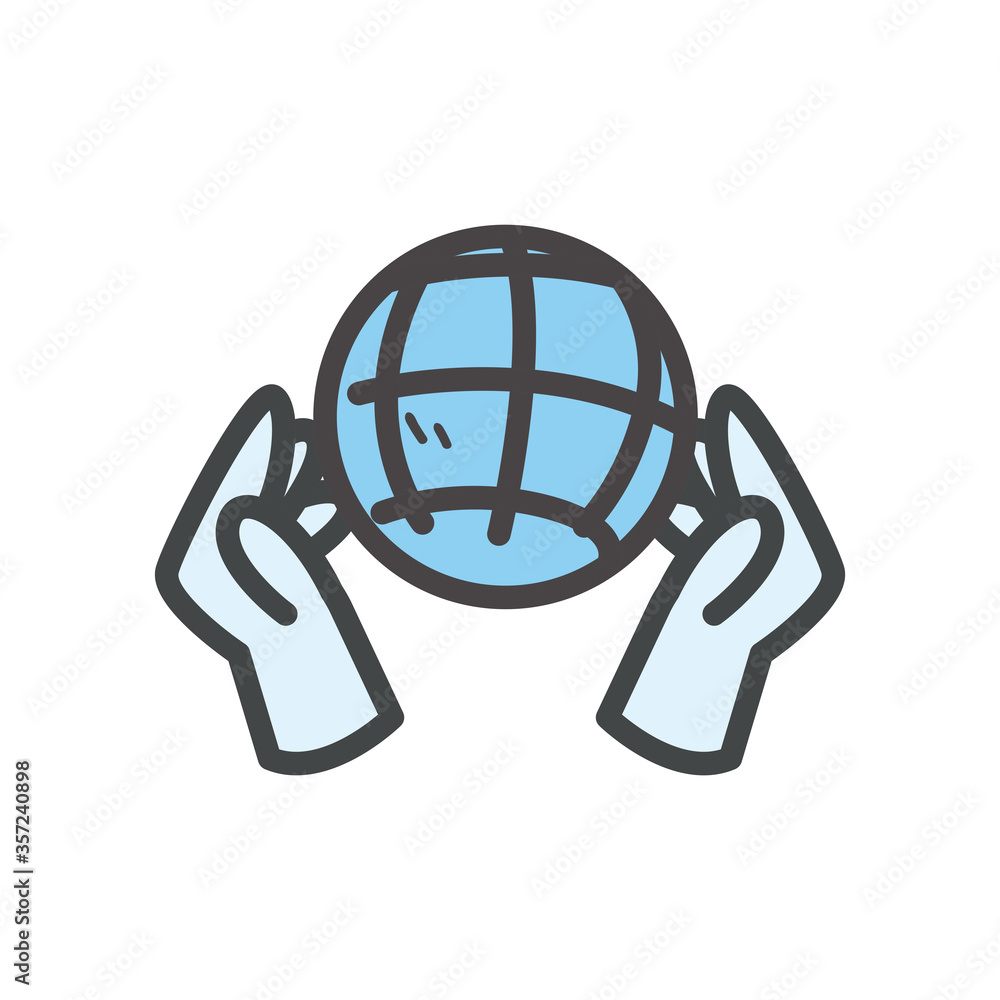 Poster global sphere between hands line and fill style icon vector design