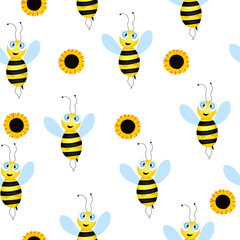 Seamless pattern with bees and sunflowers on white background. Small wasp. Flat Vector illustration. Adorable cartoon character. Template design for invitation, cards, textile, fabric. Doodle style.