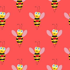 Seamless pattern with bees on pink background. Small wasp. Vector illustration. Adorable cartoon character. Design for invitation, cards, textile, fabric. Bee with a jar of honey.