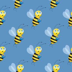 Seamless pattern with bees on blue background. Small wasp. Vector illustration. Adorable cartoon character. Design for invitation, cards, textile, fabric. Bee with cup of tea.