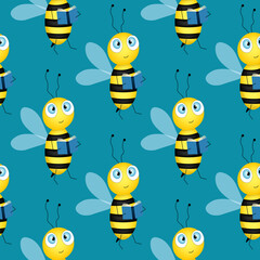 Seamless pattern with bees on blue background. Small wasp. Vector illustration. Adorable cartoon character. Design for invitation, cards, textile, fabric. Bee with book.