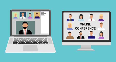 Online conference and training. Webinars or remote work. A group of people on a laptop and computer screen participating in an online conference. Video conferencing and online chat vector concept.