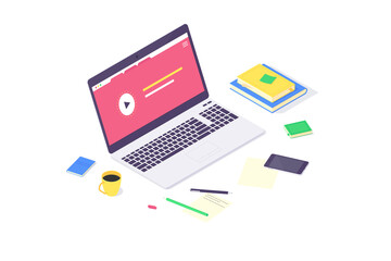 Isometric online education study and laptop knowledge design flat computer learn and book library vector illustration