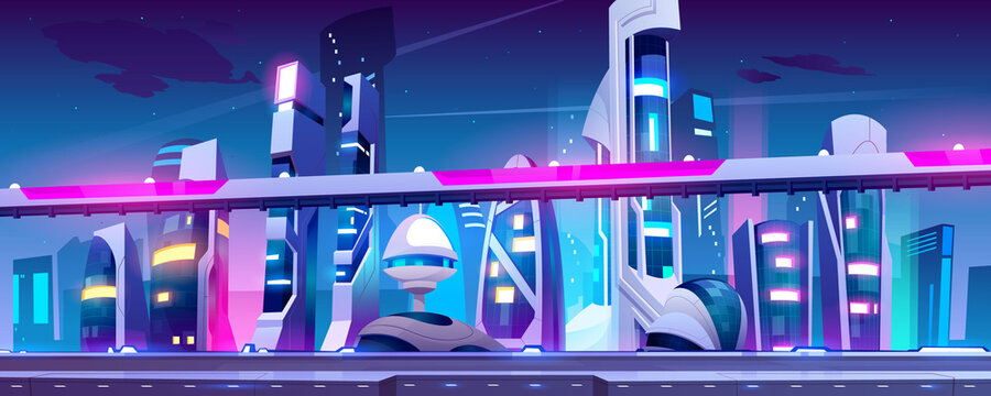 Future City, Night Town With Skyscrapers And Overpass With Neon Lights. Vector Cartoon Illustration Of Cityscape With Futuristic Buildings And Road. Cyberpunk Urban Landscape