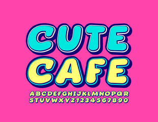 Vector bright banner Cute Cafe with playful Font. Creative Alphabet Letters and Numbers