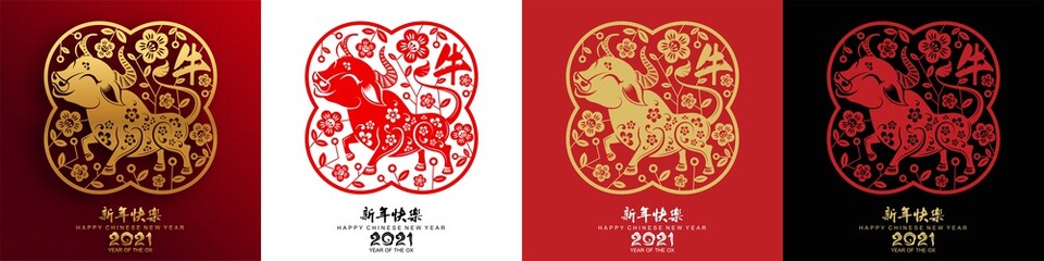 Chinese new year 2021 year of the ox , red paper cut ox character,flower and asian elements with craft style on background.(Chinese translation : Happy chinese new year 2021, year of ox)