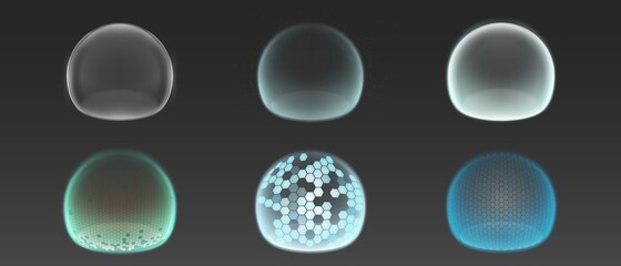 Bubble shields, protection force fields. Vector realistic set of safety energy barrier, security defence in transparent sphere with grid pattern isolated on gray background © klyaksun