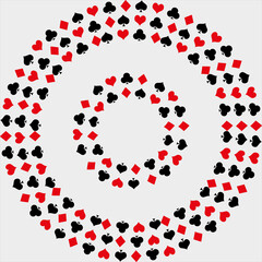 Card suits. Hearts, tambourines, peaks and clubs. Playing cards. Arranged in a circle. Vector illustration