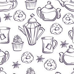 Isolated vector sketch of seamless pattern with donuts, badyan, cupcakes, teapots and mugs