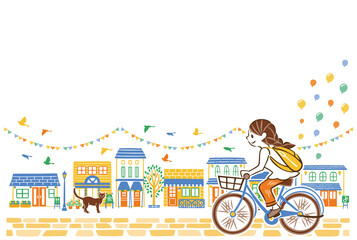 夏　街並み　自転車　女性