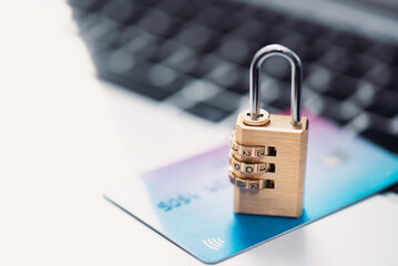 Banking security, credit card and padlock
