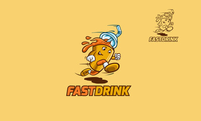 Fast Drink Logo Cartoon Character. Vector illustration of takeaway fast drink running. Creative mascot cartoon drink concept. 