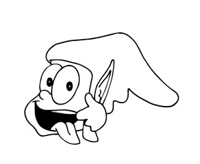 Elf head, face, mocking with his tongue out. Cute funny elf character. Derision, gesture. Black and white cartoon style vector illustration.