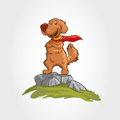 Dog Vector Mascot. The dog cartoon illustration stands on the rocks with a super hero costume.