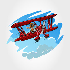 Cute little dog mascot animal flying drive a airplanes. Cartoon vector illustration isolated on sky and cloud background.