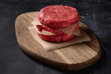 Raw ground beef meat burger steak cutlets on dark background