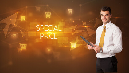 Businessman with shopping cart icons and SPECIAL PRICE inscription, online shopping concept