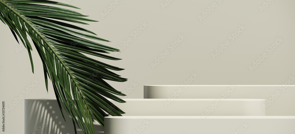 Aufkleber minimal cosmetic background for product presentation. cosmetic bottle podium and green palm leaf on 