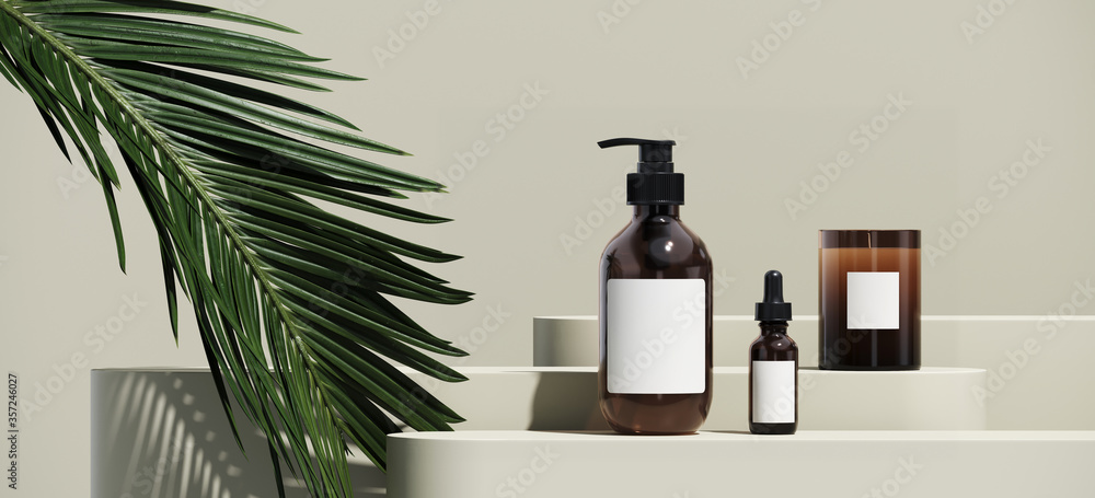Poster minimal cosmetic background for product presentation. cosmetic bottle podium and green palm leaf on 