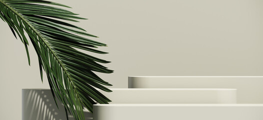 Minimal cosmetic background for product presentation. Cosmetic bottle podium and green palm leaf on grey color background. 3d render illustration. Object isolate clipping path included. - obrazy, fototapety, plakaty