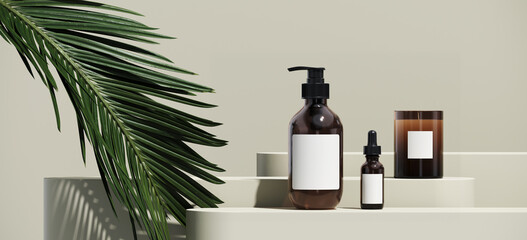 Minimal cosmetic background for product presentation. Cosmetic bottle podium and green palm leaf on grey color background. 3d render illustration. Object isolate clipping path included.