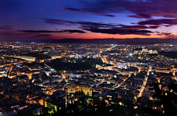 Fototapeta na wymiar ATHENS, GREECE. Panoramic view of the city from Lycabettus hill, after sunset. 
